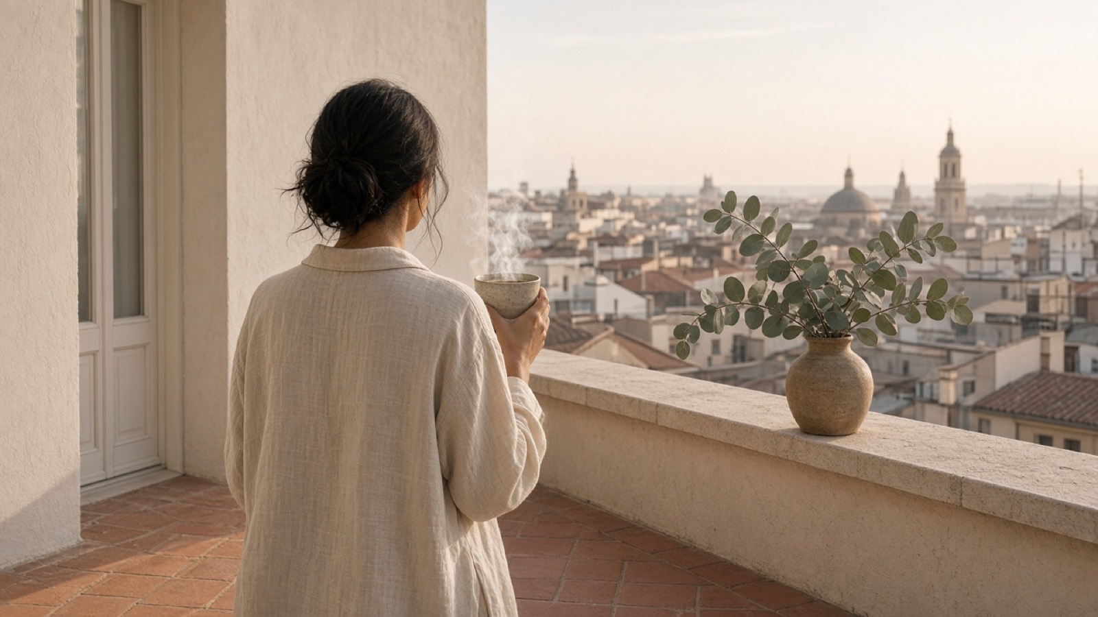 Terraza al sol de la mañana, con una taza de infusión humeante