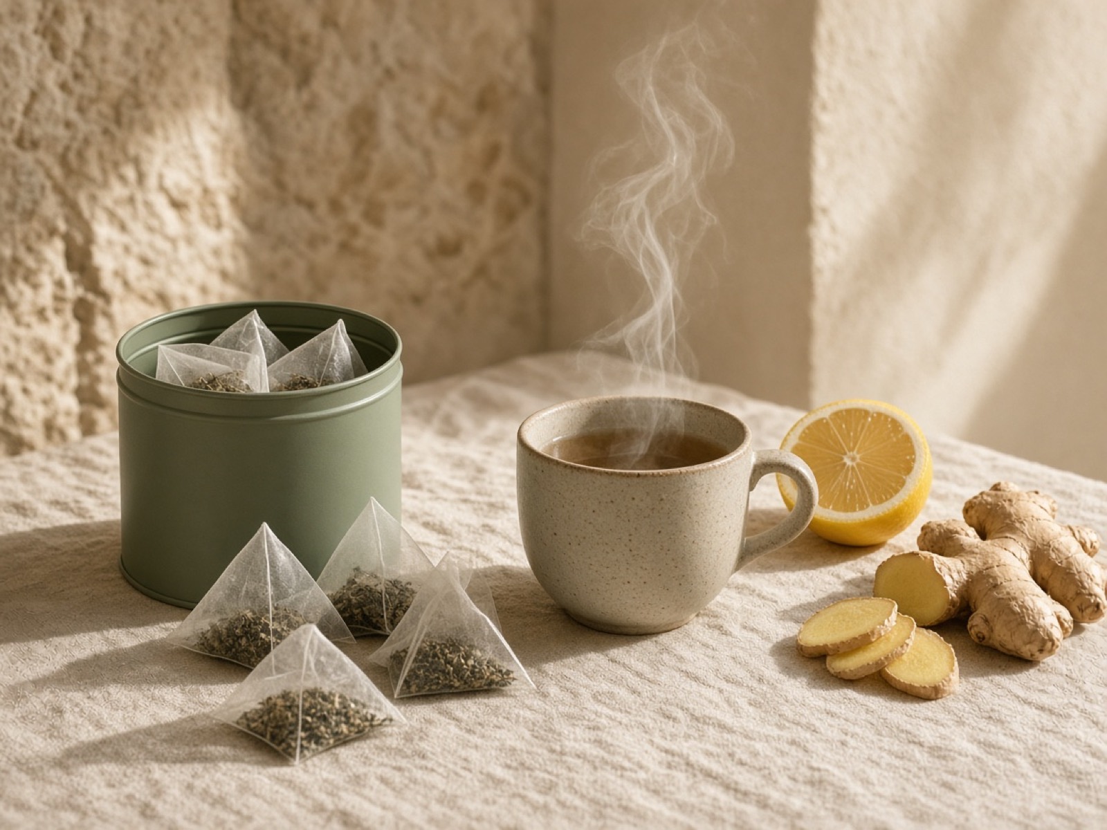 Infusión de limón y jengibre junto a una taza humeante