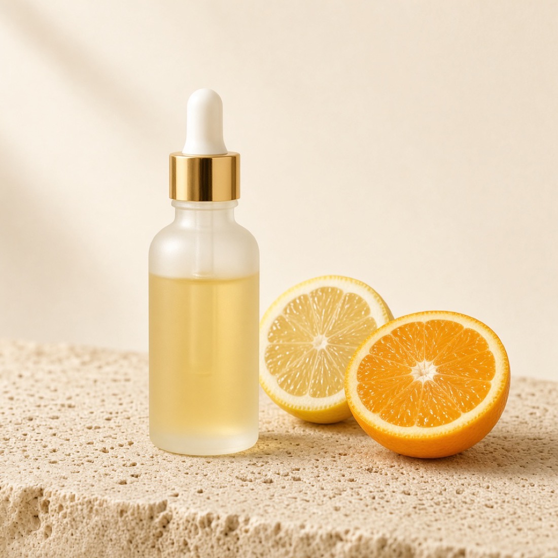 Frasco cuentagotas de solución cítrica con limón y naranja