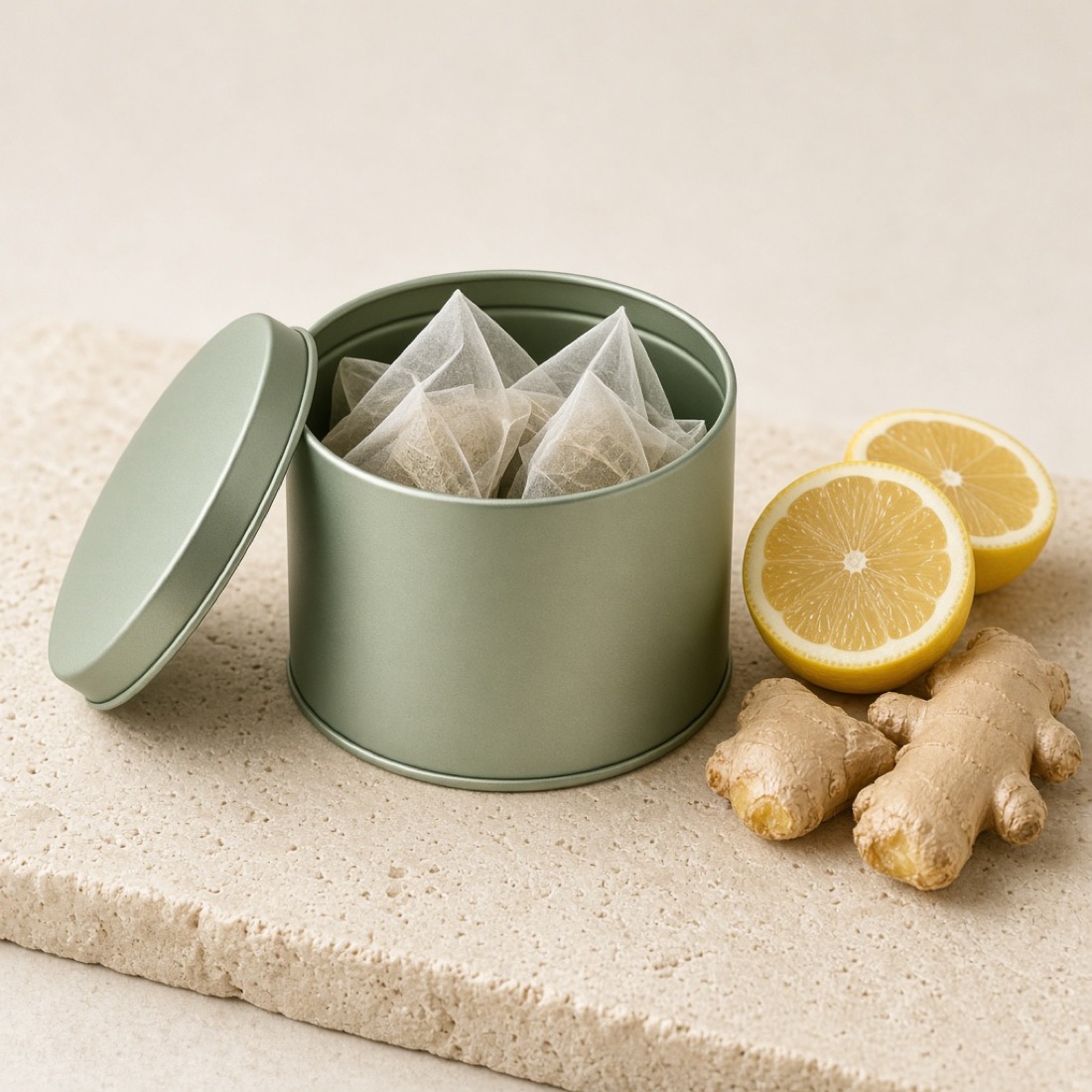 Lata abierta de infusión con limón y raíz de jengibre