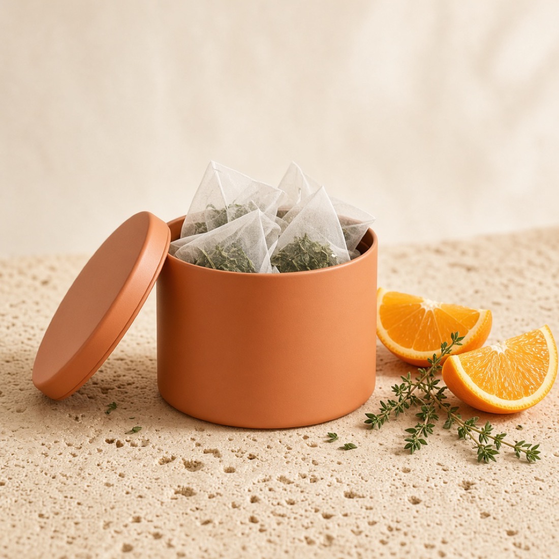 Lata abierta de infusión con naranja y tomillo
