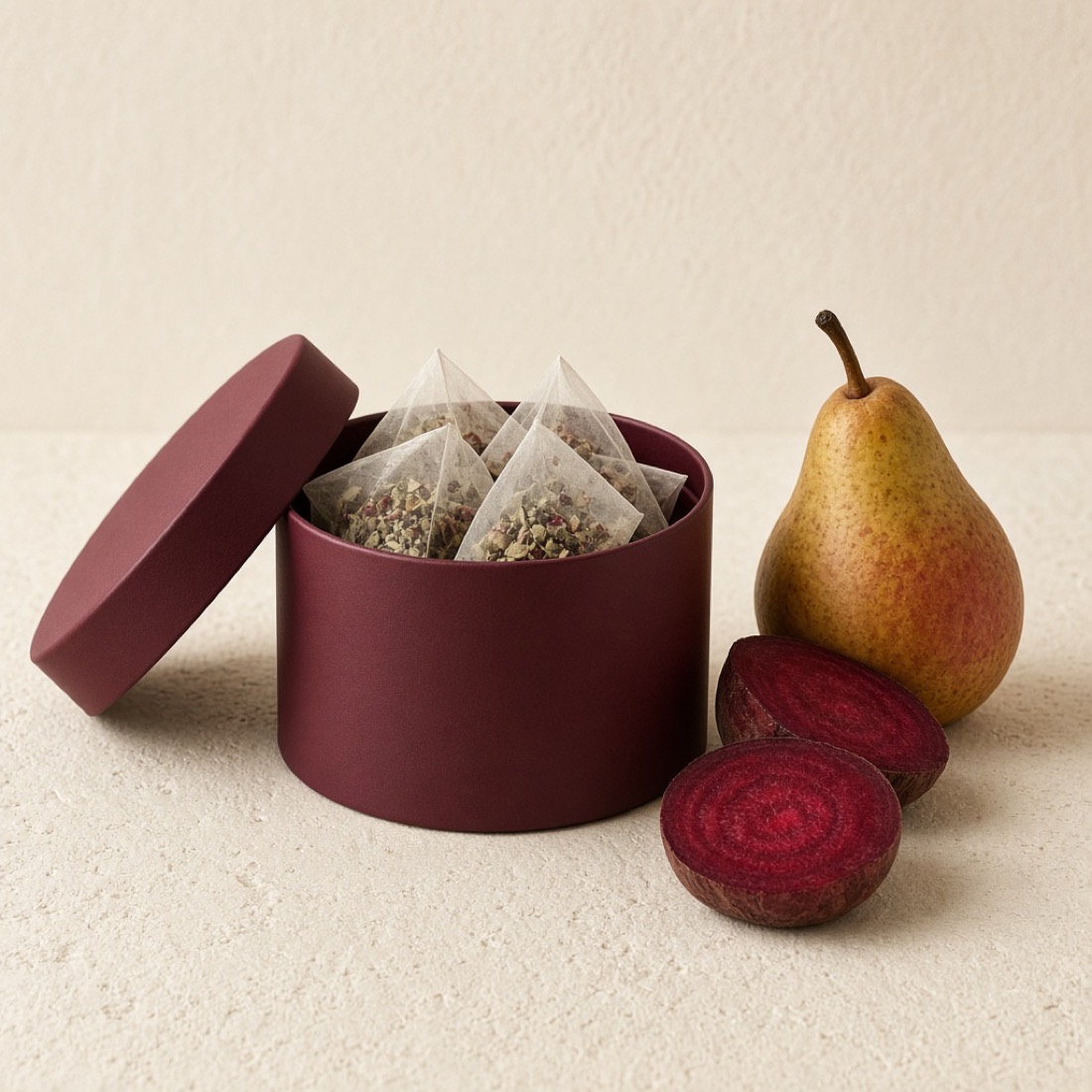 Lata abierta de infusión con remolacha y pera