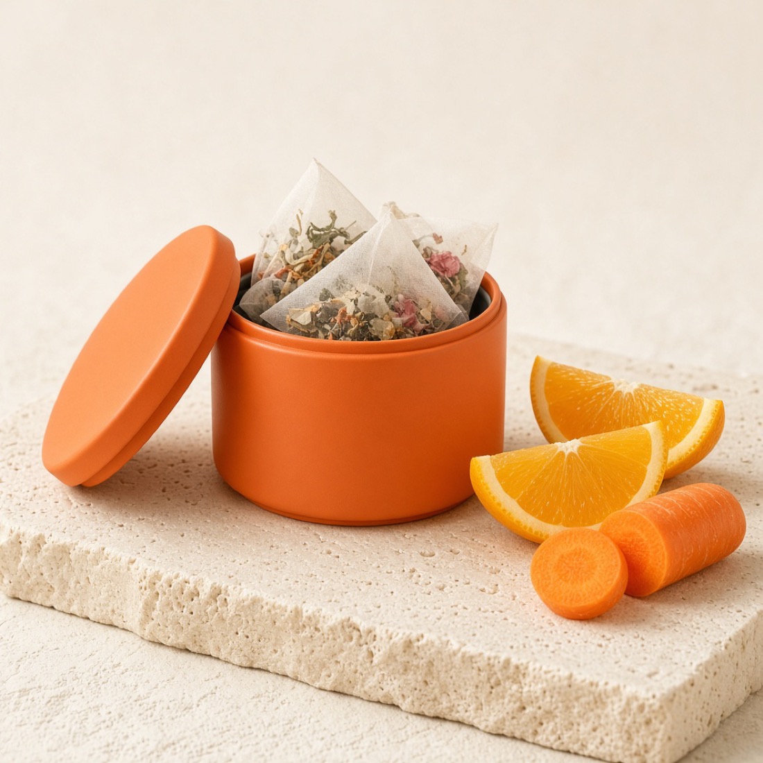 Lata abierta de infusión con zanahoria y naranja
